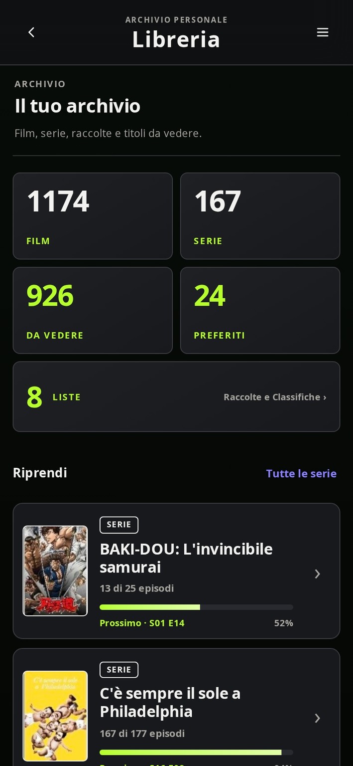 Libreria aggiornata di KINO//DOSSIER in tema scuro